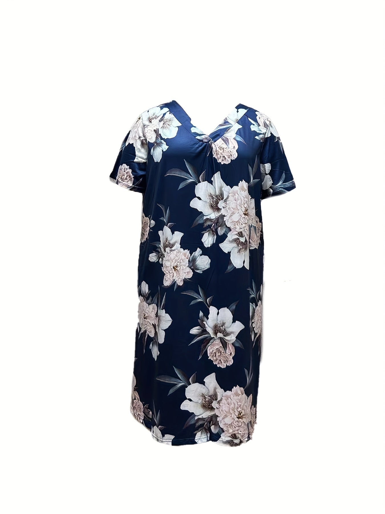 Plus Floral Print V Neck Loungewear Dress Women's Nightdress