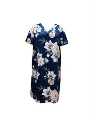 Plus Floral Print V Neck Loungewear Dress Women's Nightdress