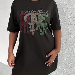 Rhinestone Slogan Print Short Sleeve Tee Dress