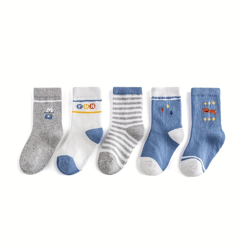 5 Pairs Girls Cartoon Pattern Cotton Crew Mid Calf Socks