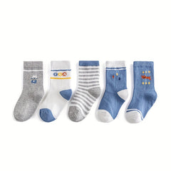 5 Pairs Girls Cartoon Pattern Cotton Crew Mid Calf Socks