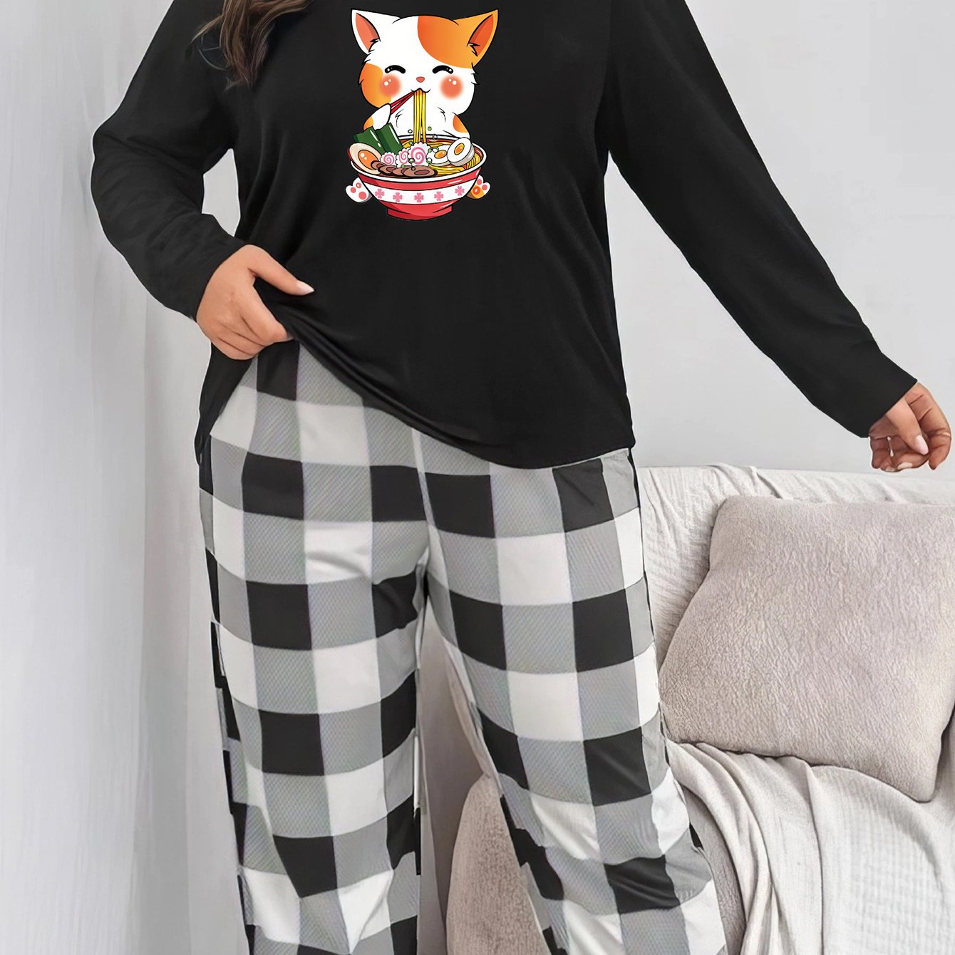 Cat & Ramen Print Long Sleeve Top & Plaid Pants Lounge 2 Piece Set