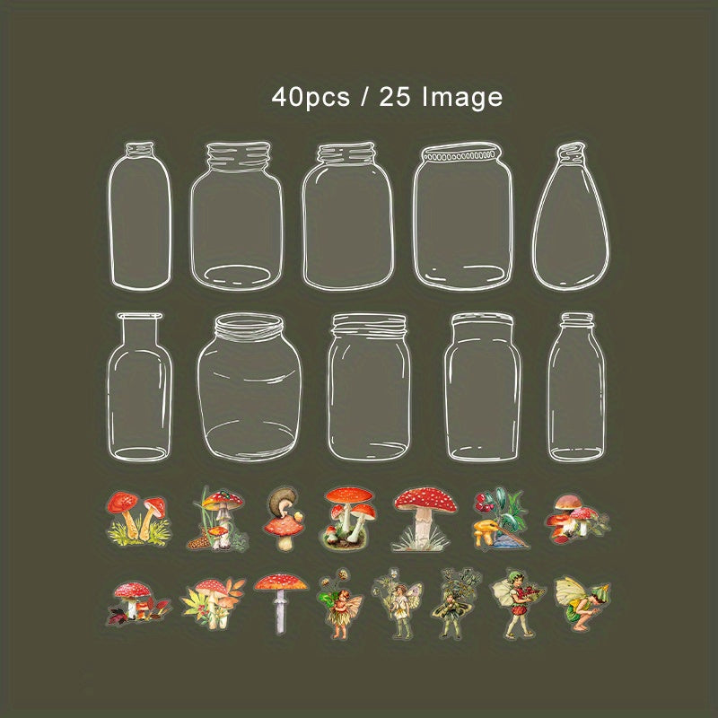 40pcs Transparent PET Jar Flower Fairy Stickers Decals Vintage Waterproof Bulk