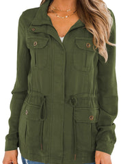 Casual Pockets Jacket Lapel Long Sleeve Loose Waist Drawstring Outerwear