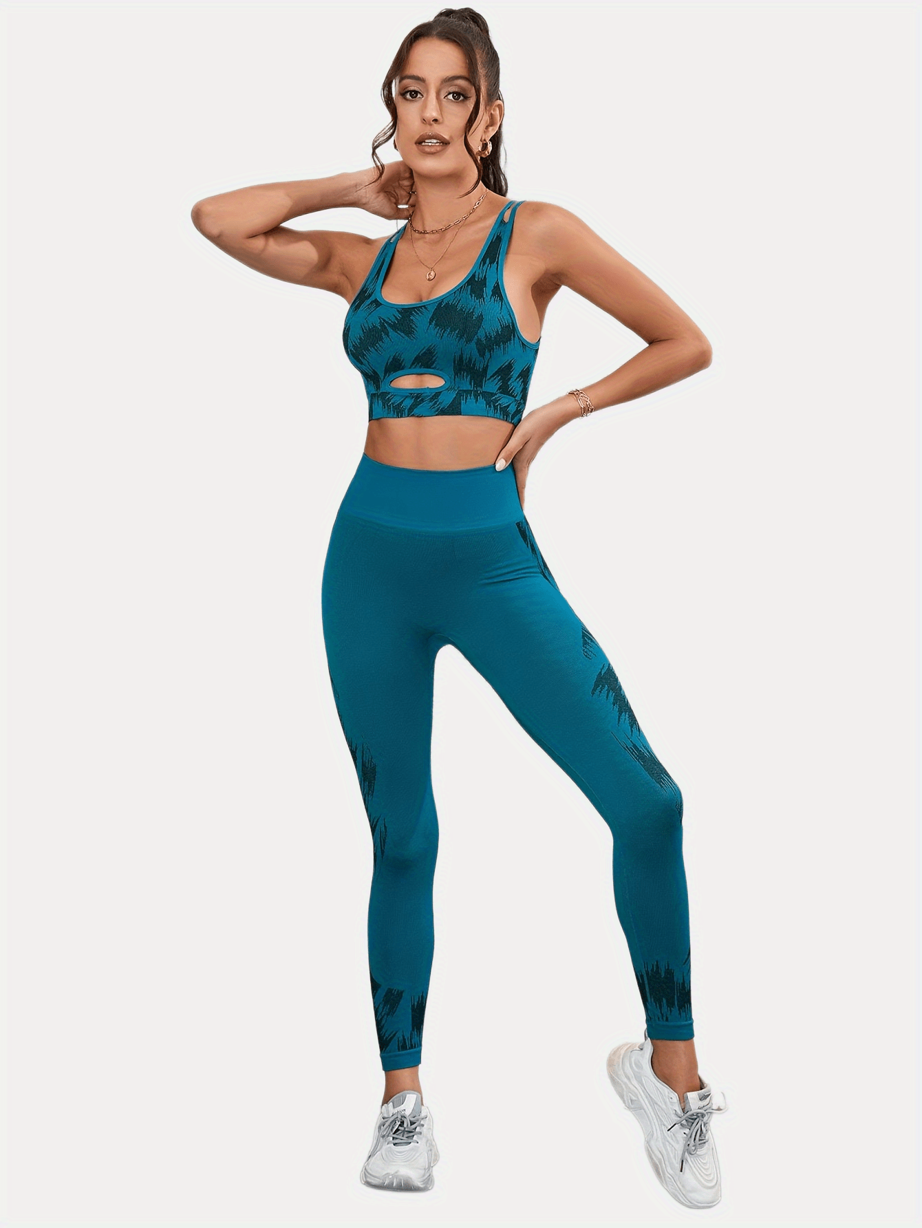 Print Hollow Yoga Fitness Bra & High Waist Hip Lift Fitness Leggings