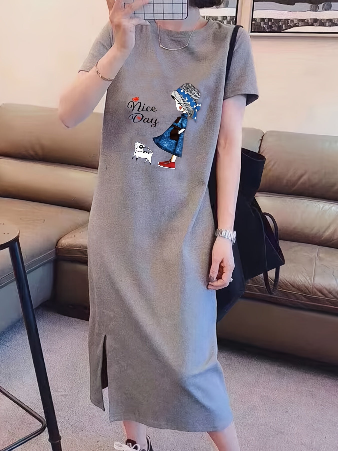 Cartoon Print Short Sleeve Dresses Casual & Comfy Side Split Loose Sleep Dresses