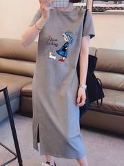 Cartoon Print Short Sleeve Dresses Casual & Comfy Side Split Loose Sleep Dresses