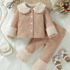 Baby Girls Colorful Cardigan & Pants Set with Furry Cuffs - Fall Winter