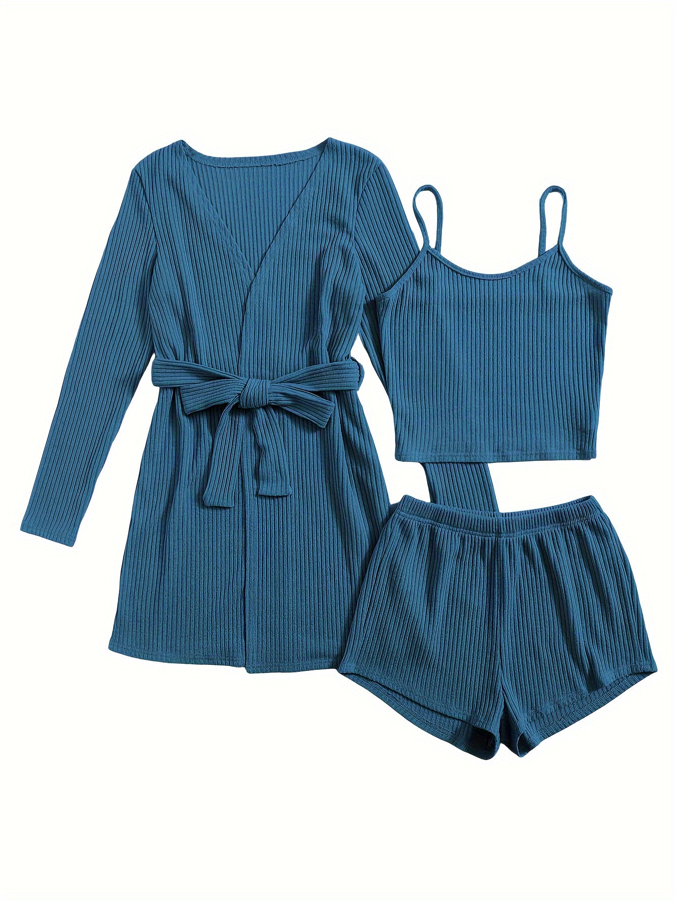 Ribbed Pajama Set Long Sleeve Robe & Cami Top & Shorts
