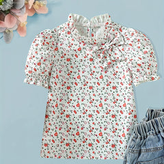Girl's Floral Short Sleeve Shirt with Bow and Keyhole Back