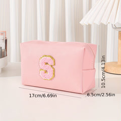 Chenille Letter Patch Makeup Bag - Initial Preppy Cosmetic Bag