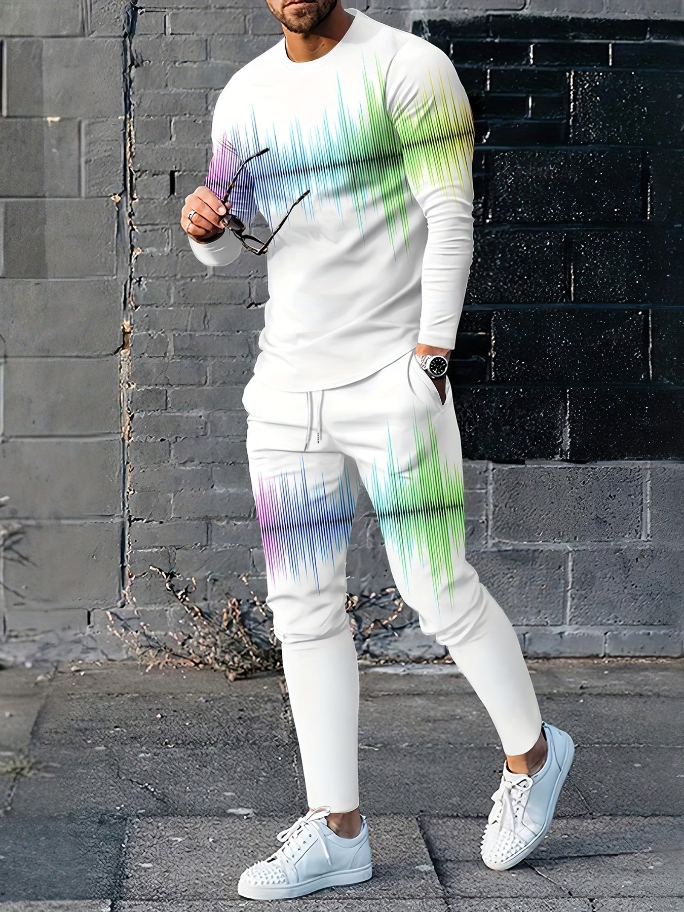 Colorful Pattern Men's Casual Sweatshirt & Sweatpants Set
