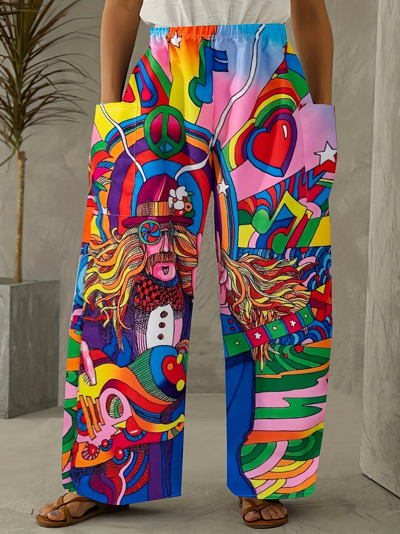 Cartoon Print Patch Pocket Pants Boho Pants For Spring & Fall Women's Clothing