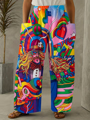 Cartoon Print Patch Pocket Pants Boho Pants For Spring & Fall Women's Clothing