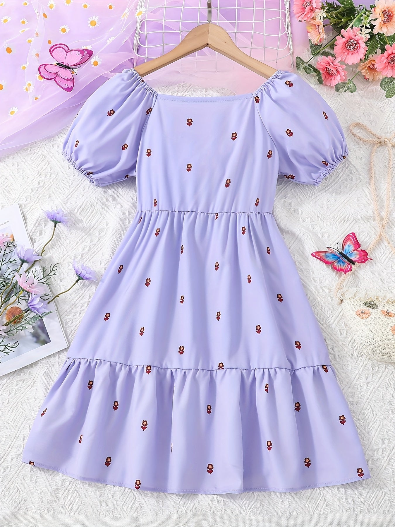 Girls' Puff Sleeve Casual Dress - Vacation Style