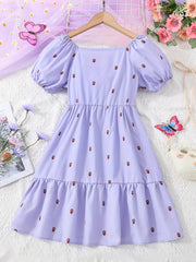 Girls' Puff Sleeve Casual Dress - Vacation Style