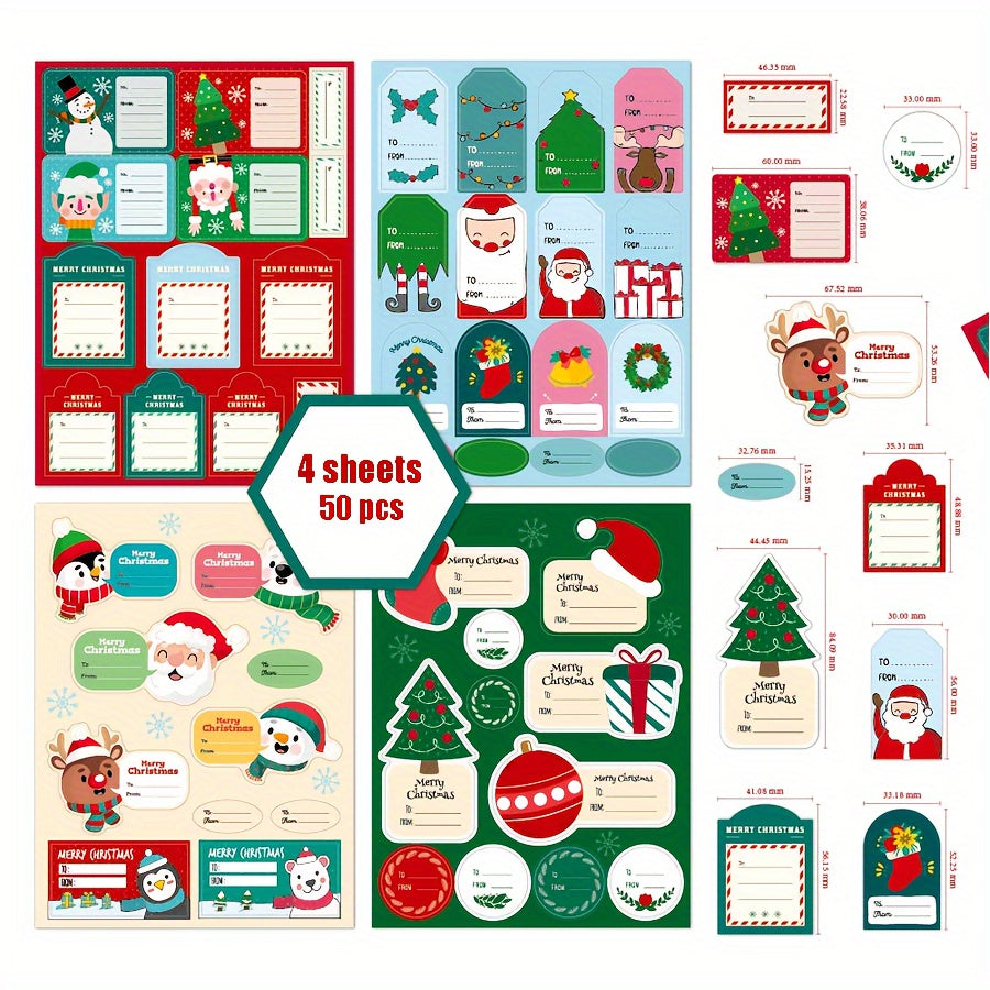 50 Christmas Gift Tags Stickers - 4 Sheets To/From Labels, Box Seal