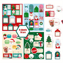 50 Christmas Gift Tags Stickers - 4 Sheets To/From Labels, Box Seal