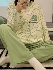 Dino Print Pajama Set Long Sleeve Top & Pants Women's Loungewear