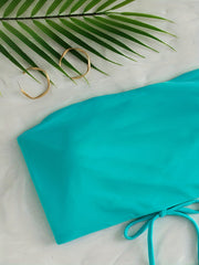 Lake Lace Up Bandeau 2 Piece Set Bikini Solid High Waist Swimsuit