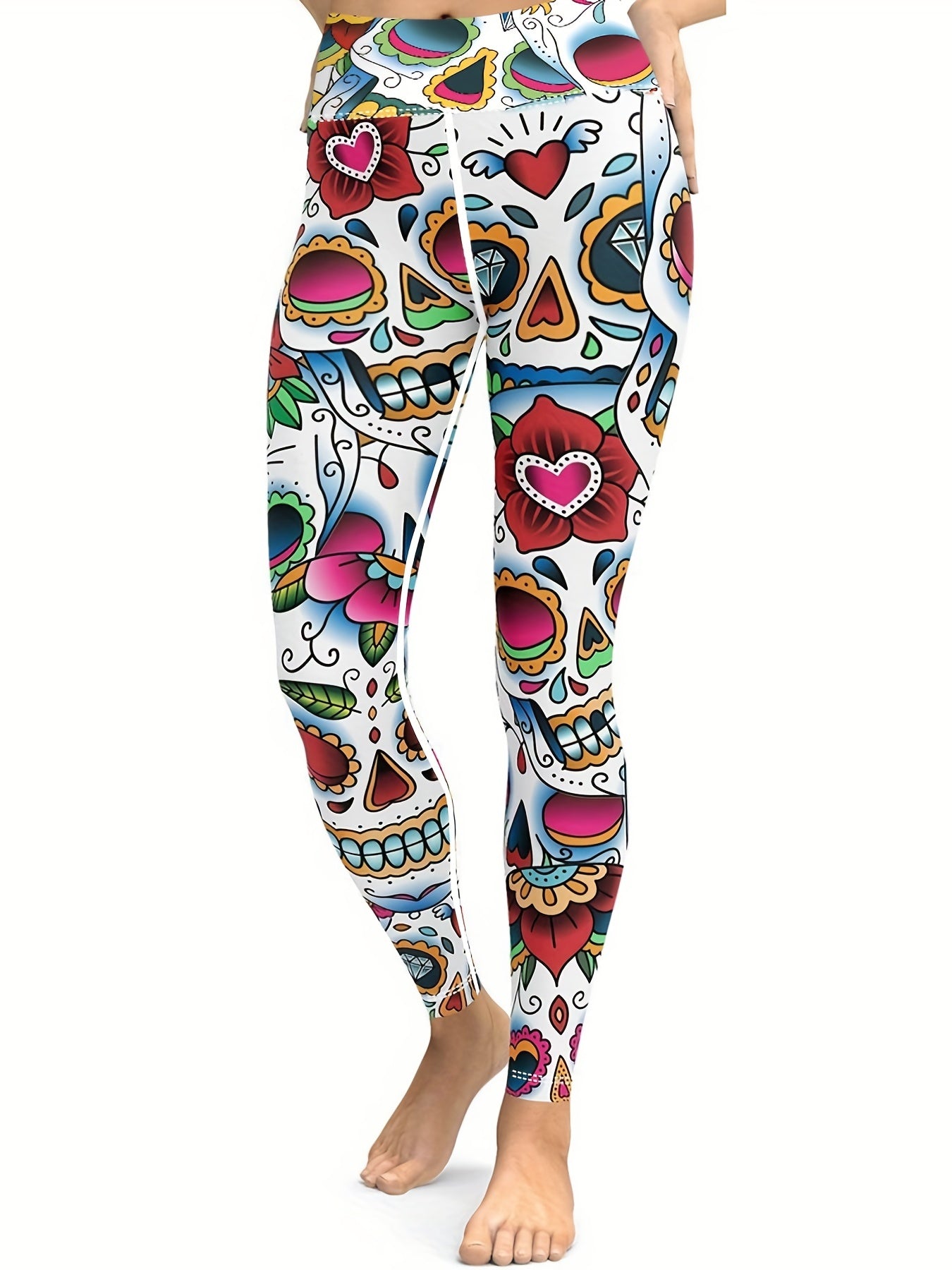Skull And Flower Yoga Leggings For Halloween High Waist Fitness Pants