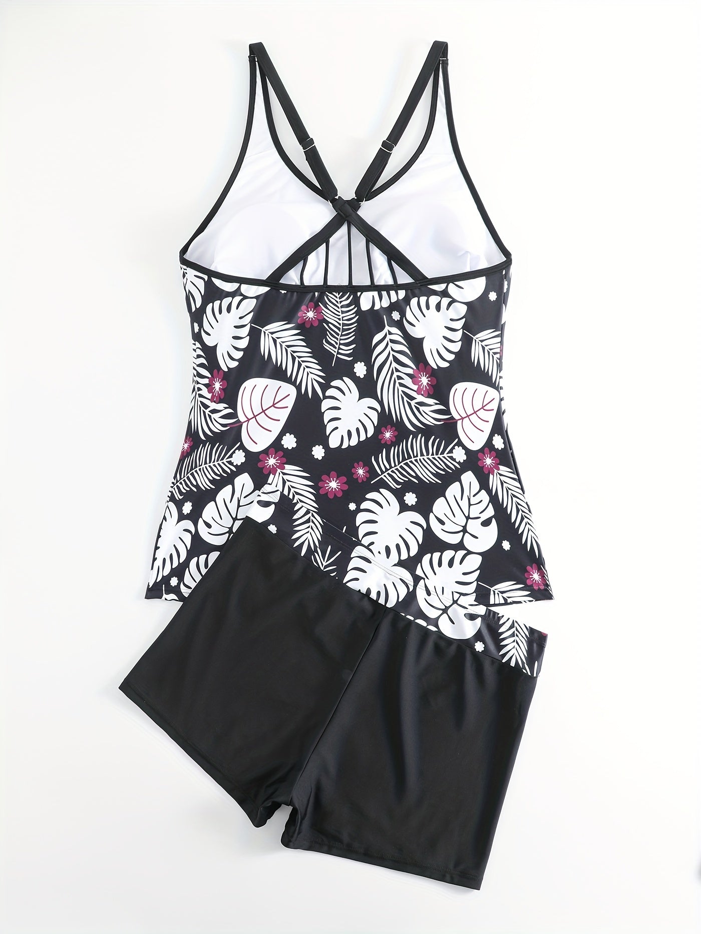 Tropical Print Tankini Set Crisscross Back Cami Top & Shorts