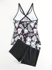 Tropical Print Tankini Set Crisscross Back Cami Top & Shorts