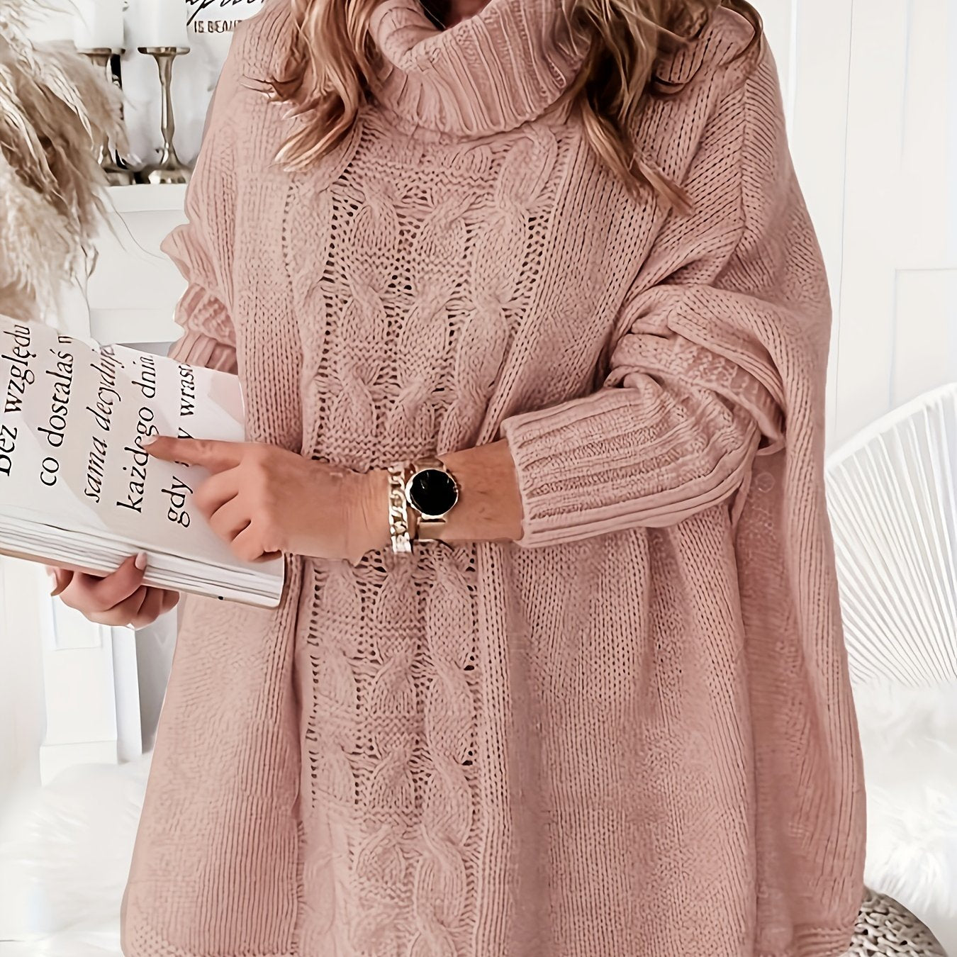 Casual Sweater Women's Plus Solid Batwing Sleeve Turtle Neck