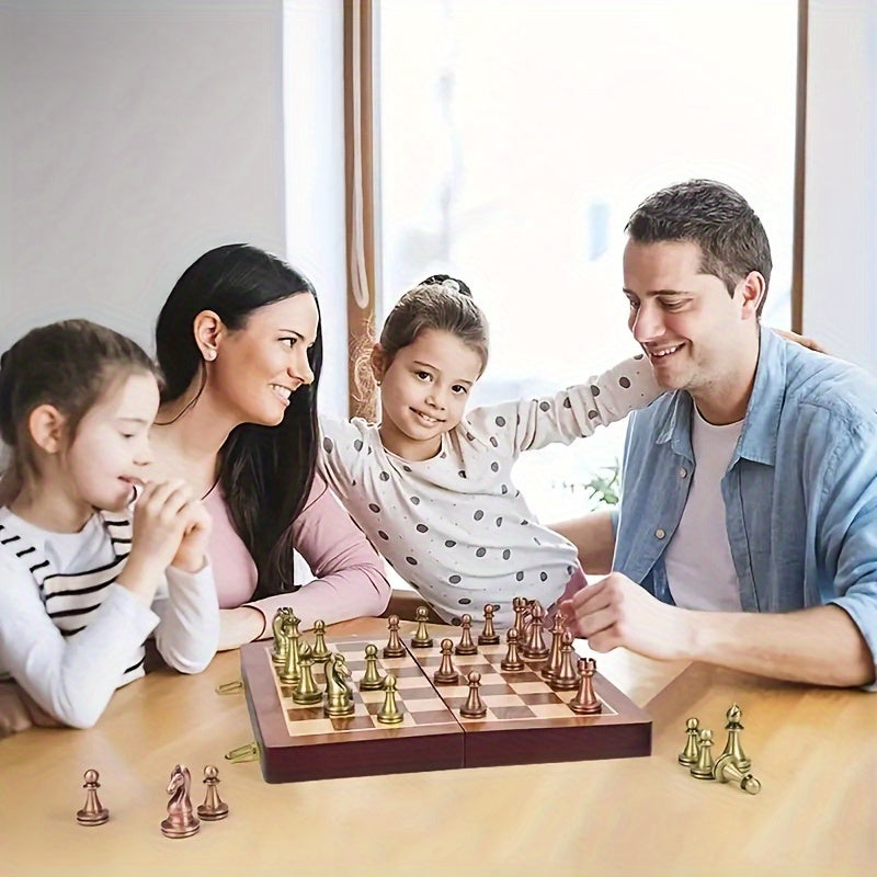 Wooden Foldable Chessboard with Metal Pieces - Christmas Game Gift