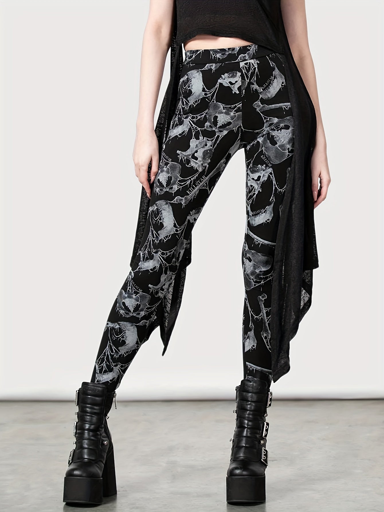 Goth Leggings High Rise Floral Print Skinny Leggings