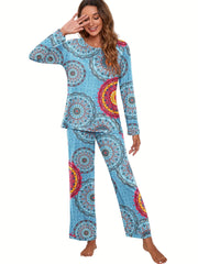 Pattern Print Lounge Set Long Sleeve Crew Neck Top & Pants Women's Loungewear