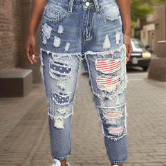 American Flag Patchwork Jeans Distressed Denim Pants