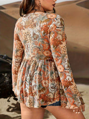 Boho Blouse Paisley Print Long Sleeve V Neck Knot Top