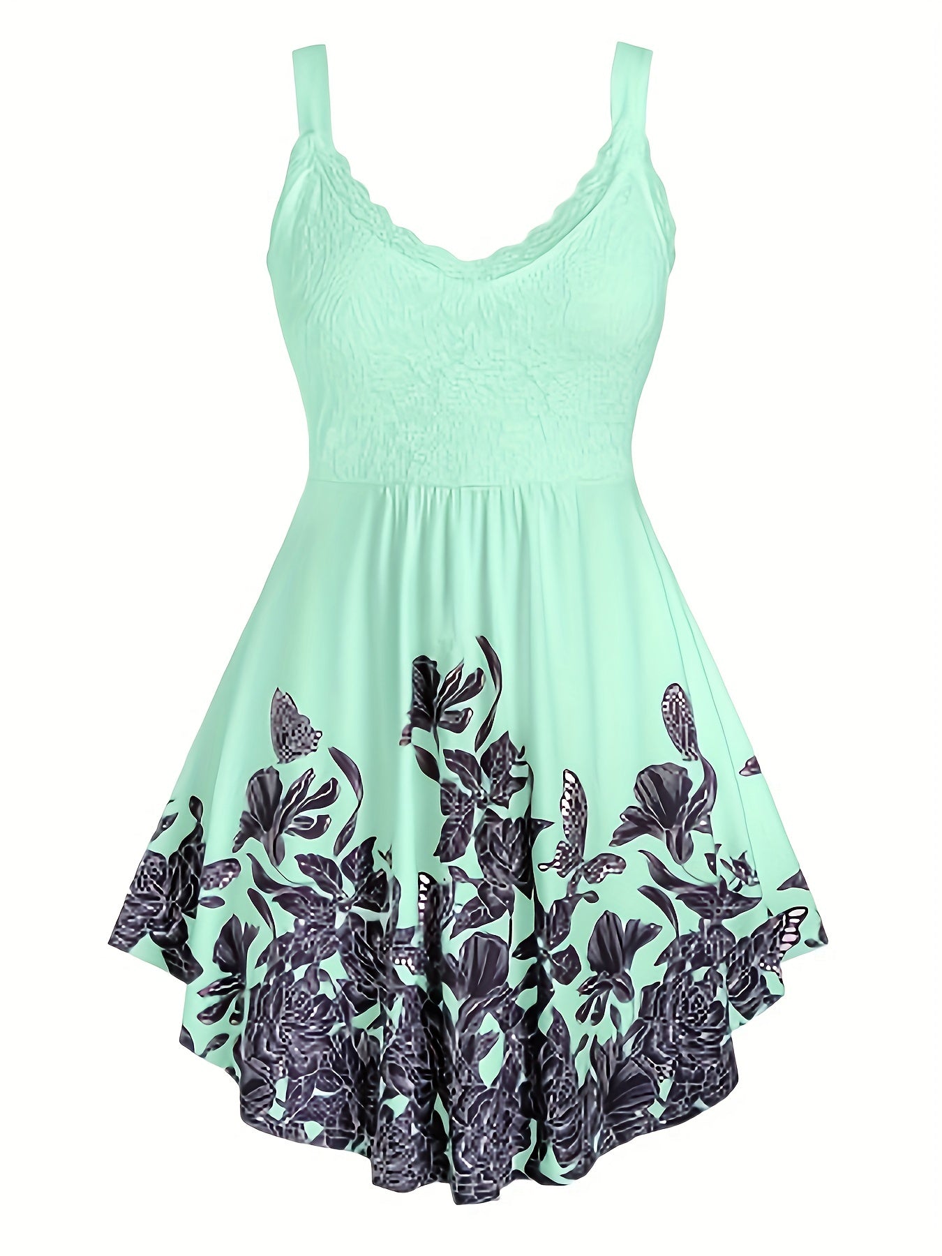 Floral Print Spaghetti Dress Sleeveless Ruched Lace Trim Casual Dress