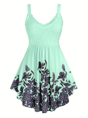 Floral Print Spaghetti Dress Sleeveless Ruched Lace Trim Casual Dress