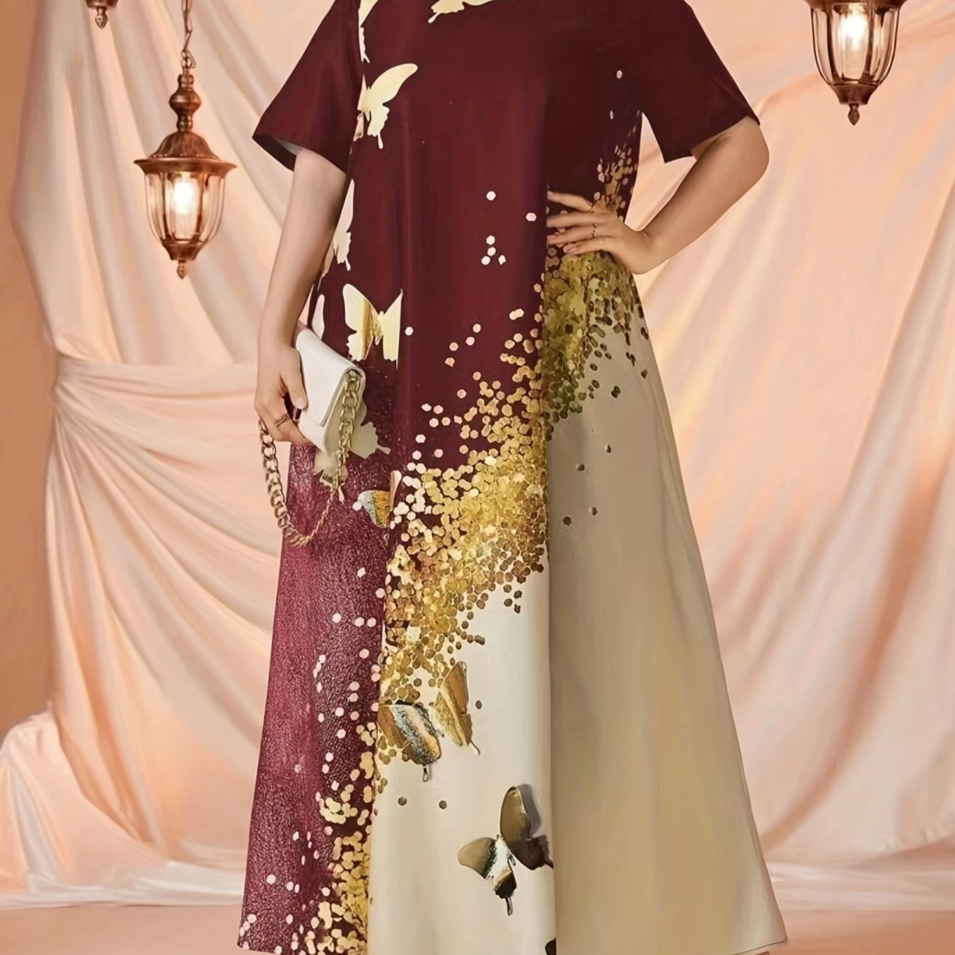Glitter Butterfly Print Round Neck Maxi Dress Plus Size Abaya