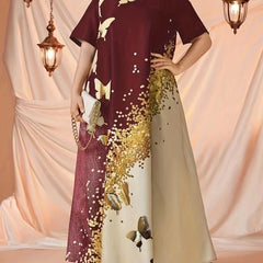 Glitter Butterfly Print Round Neck Maxi Dress Plus Size Abaya