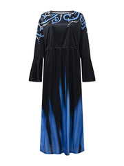 Colorblock Ombre Print Bell Sleeve Round Neck Dress