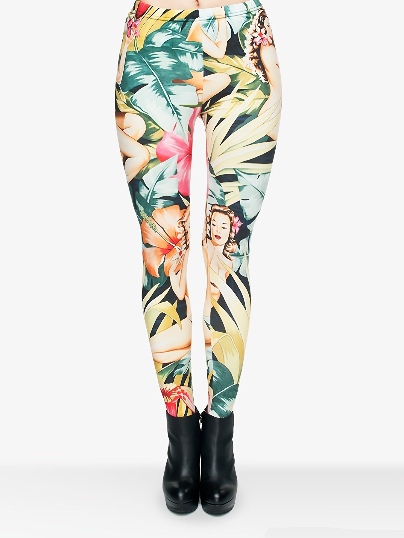 Floral Print High Waist Skinny Leggings Bohemian Stretchy Long Length