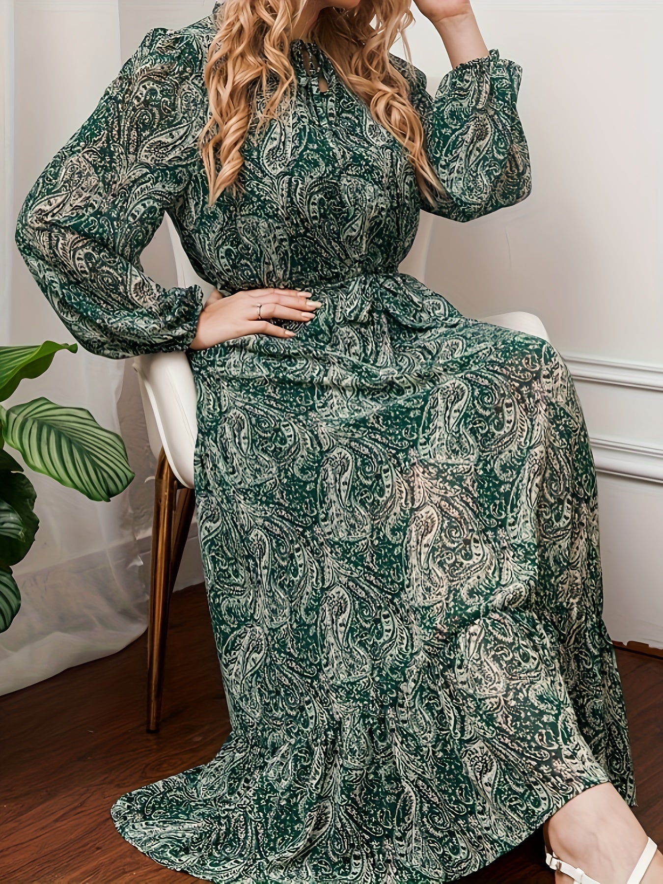 Paisley Print Lantern Sleeve Maxi Smock Dress