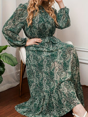 Paisley Print Lantern Sleeve Maxi Smock Dress