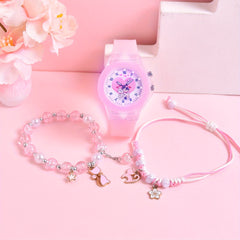 Girls' Cartoon Cat Watch Gift Set with Pendant Bracelet