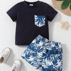 2pcs Baby Boys Resort Outfit Print T shirt & Shorts Set