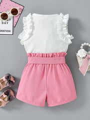 2pcs Toddler Girls Ruffle Top & Belted Shorts Set Kids Summer Clothes