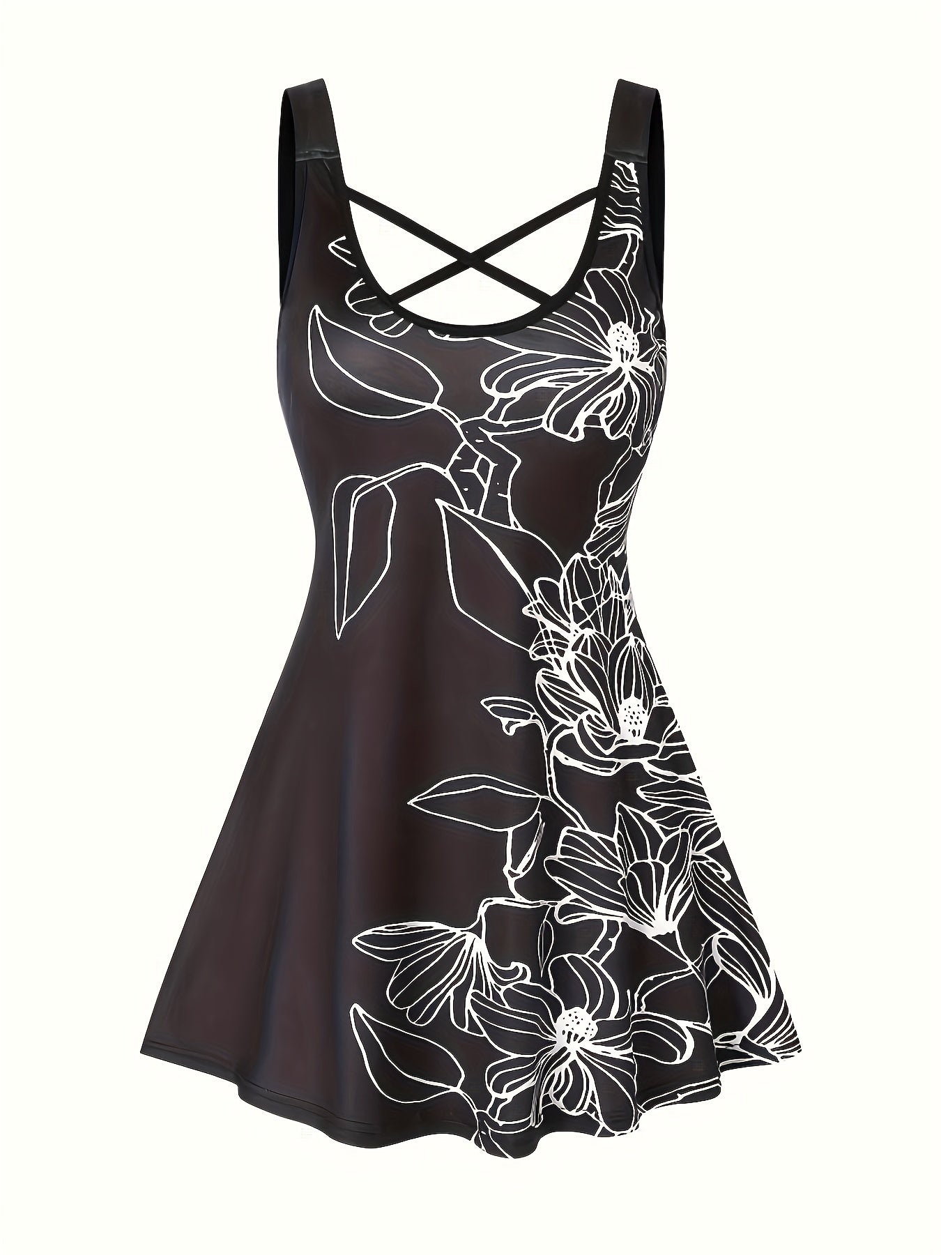Floral Print Criss Cross Round Neck Tank Top Plus Size