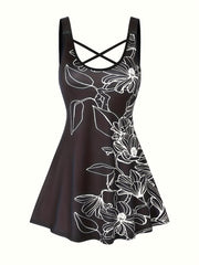 Floral Print Criss Cross Round Neck Tank Top Plus Size