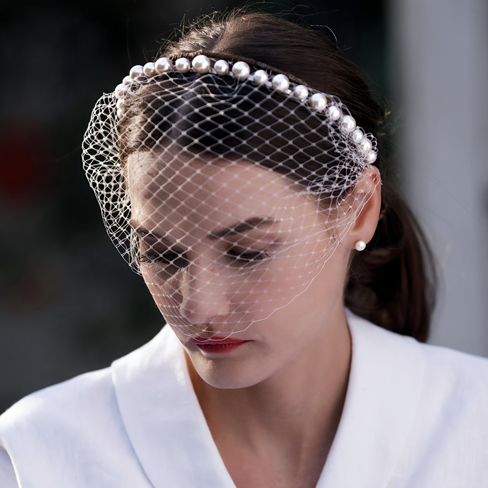 Bridal Veil & Faux Pearl Headband Diamond Grid for Weddings