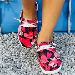 Women's Love Heart Pattern Canvas Casual Lace Up Flat Sneakers