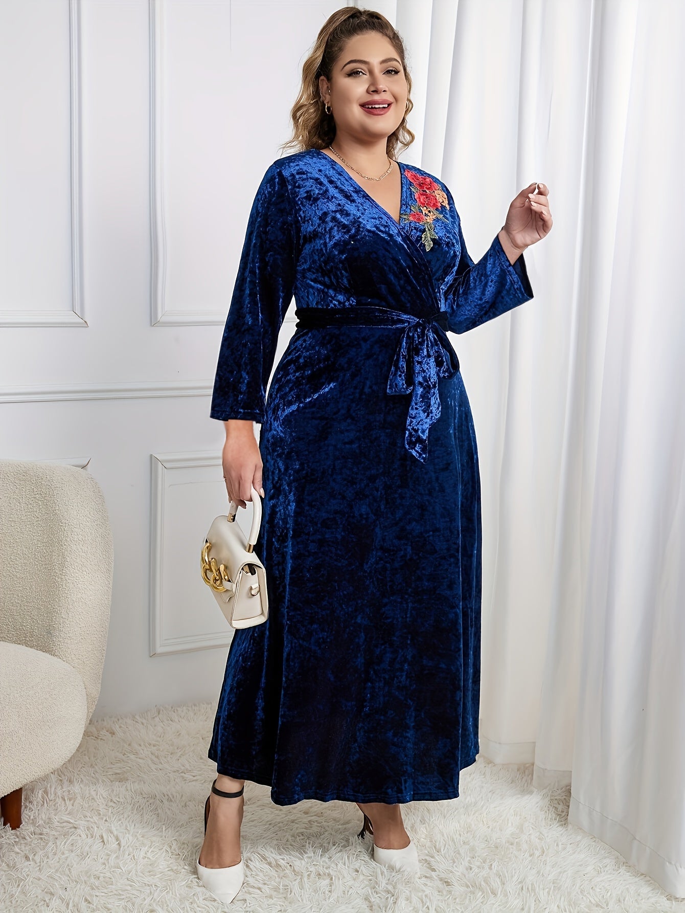 Women's Plus Floral Velvet Maxi Dress with Belt