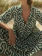 Geometric Print Long Sleeve Maxi Dress